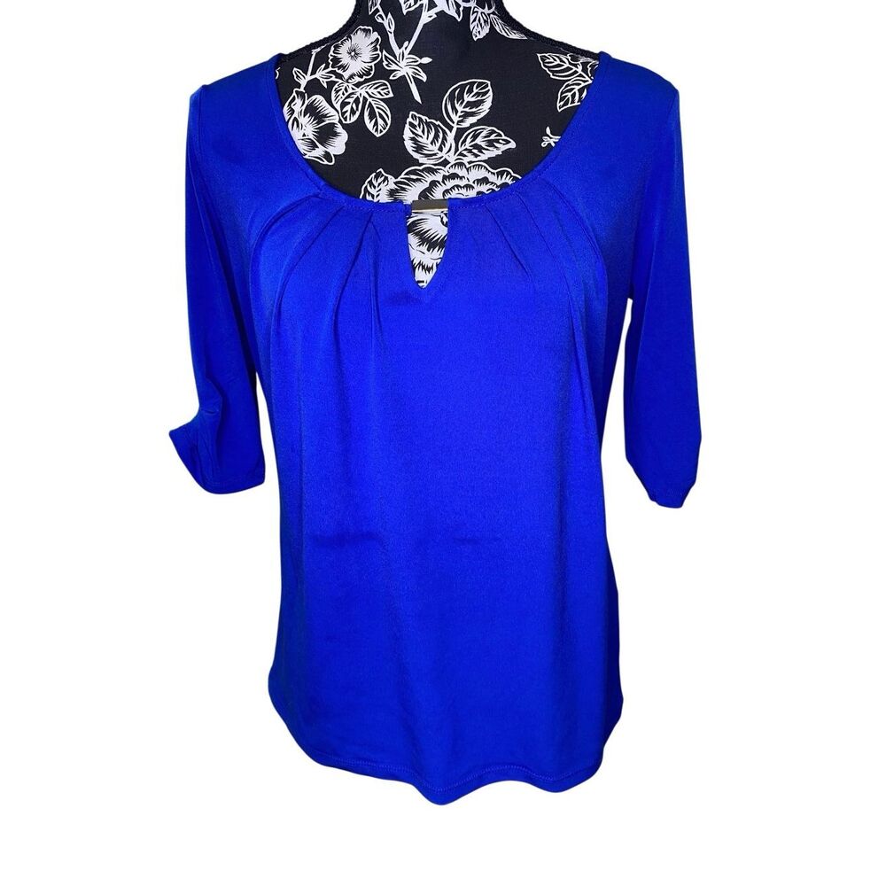 New York Company Blue Keyhole Blouse Office Career Stretch Three Quarter Sleeve